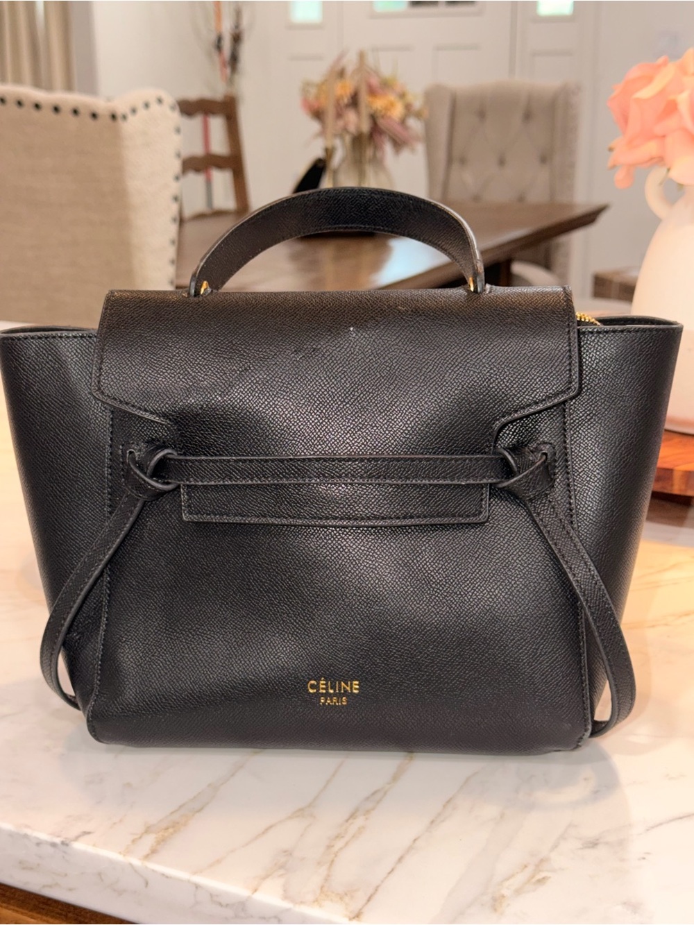 Celine Black Leather Satchel with Gold Logo